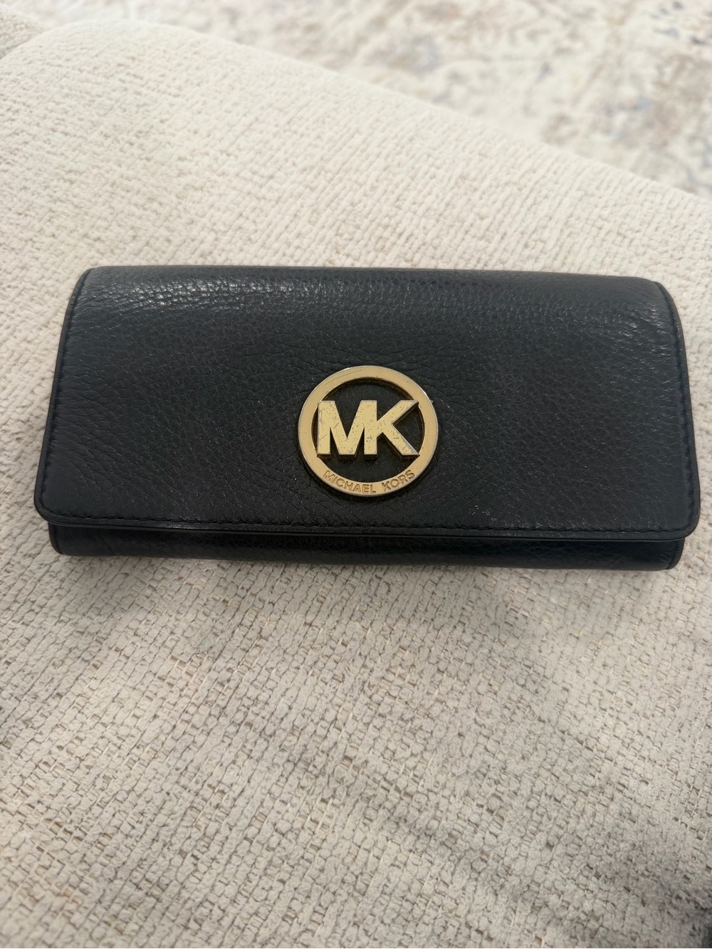 Michael Kors Black Leather MK Logo Continental Wallet with Gold Accent